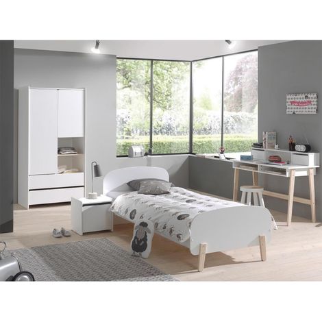 Pack - Lit Enfant, Chevet, Bureau & Armoire "Kiddy" Blanc (1/5)