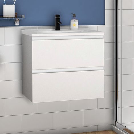 Waschtisch mit Unterschrank 60 cm Badmöbel Set mit Waschbecken Keramik dünn Gäste WC Weiß Matt (1/5)