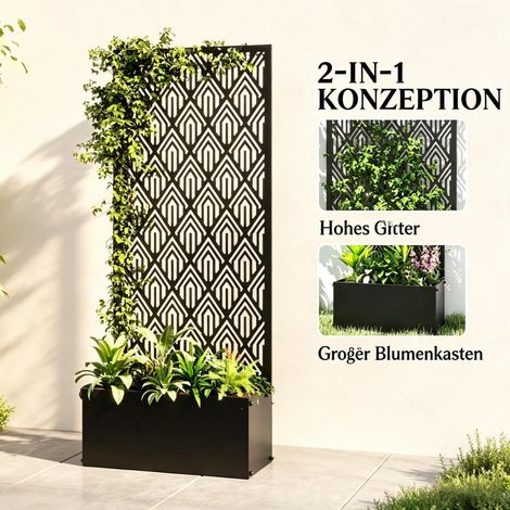 Support métallique de jardin résistant aux intempéries, grille et bac à fleurs inclus, structure aérée pour plantes d'extérieur (1/5)