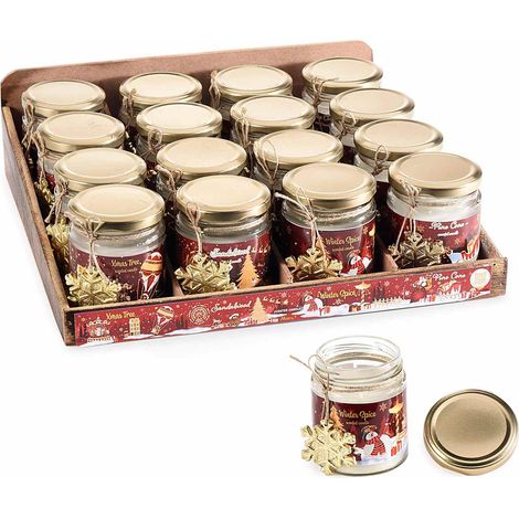 Candele profumate natalizie in barattolo di vetro con pendaglio in metallo a fiocco di neve, set da 16 pezzi, Candela: Ø 6,5 cm x 8 H