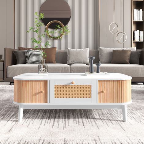 Mesa de centro de MDF blanca y madera, 110 cm, con cajones de ratán y puertas correderas (1/5)