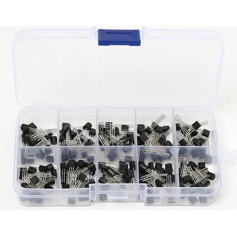 Kit de 200 transistores de 10 valores: S8050, S9050, S9012, S9013, S9014, 2N3904, 2N3906, C1815, A1015, MJE13001. Incluye surtido de transistores y caja de plástico. (1/5)