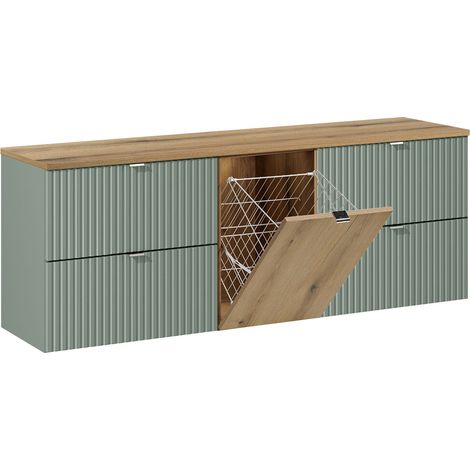 Mueble bajo lavabo 160cm Verde Jade y cesto de ropa de madera