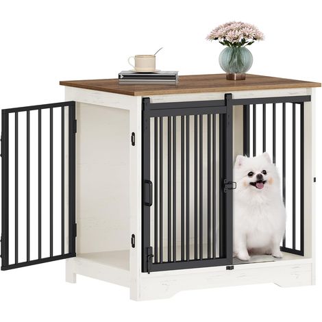 Gabbia per Cani, Tavolo Supplemento, Nicchia Moderna per Cani, Gabbia per Cuccioli, Casetta per Animali, 2 porte, Bianco Marrone (1/5)