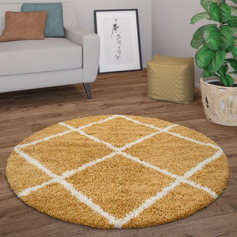 Paco Home Tappeto Salotto Pelo Lungo Rotondo Moderno Shaggy Pelo Lungo Scandinavo Diamanti Giallo, Ø 120 cm tondo