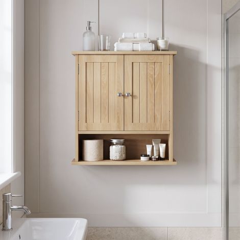 2 portes avec niche armoire murale salle de bain rangement serviettes gain de place aspect chêne (1/5)