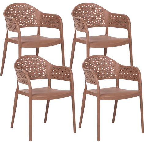 Lot de 4 Chaises de Jardin Classique en Matière Synthétique Intérieur Extérieur avec Accoudoirs Empilables Marron Narino