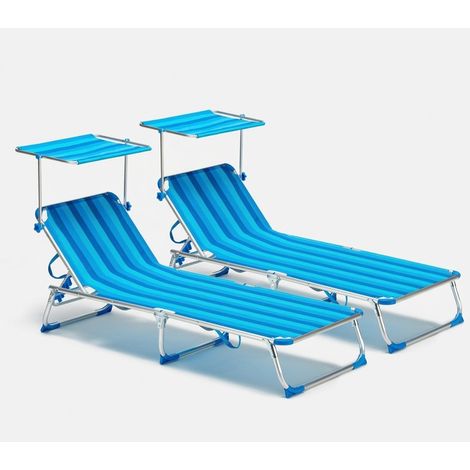 2 transats de piscines mer pliants avec pare-soleil California - Rayures Bleues