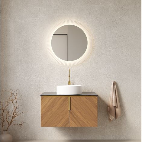 Mobile lavabo sospeso 76 cm in compensato marrone, lavabo bianco, vano portaoggetti – MEUBLIV (1/5)