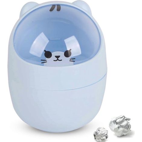 Mini poubelle de bureau avec couvercle - Forme chat dessin animé - Couvercle rotatif - Pour comptoir - Petite corbeille - Bleu (1/4)