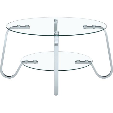 Table basse ronde en verre trempé à deux niveaux avec cadre métallique argenté (1/5)