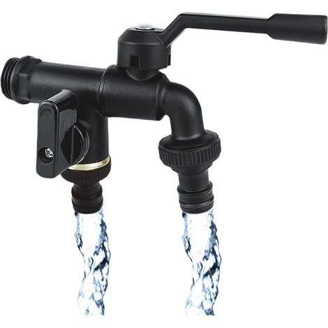 Robinet de Jardin à Double Sortie, Répartiteur de Tuyau en Laiton Inoxydable 2 Voies avec Entrée 1/2 et 2 Sorties 3/4 Pouces, Kit de Robinet Extérieur pour Jardin, Maison, Industrie (1/5)
