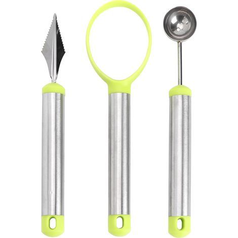 Multifunctional Fruit Carving Tool, Watermelon Scoop, Melon Scoop, Pulp Core Remover (3-Piece Set, Silver Green) (1/5)