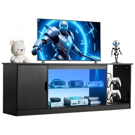 TV-Ständer für Fernseher bis zu 65 Zoll, TV Tisch mit Lichtleiste, TV-Schrank aus Holz mit Glasablage & verstellbaren Regalen, Konsolentisch Fernsehschrank für Wohnzimmer Schlafzimmer, Schwarz (1/5)