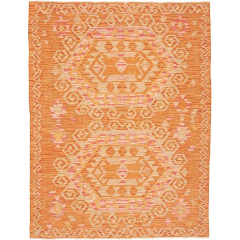 Tapis kilim 131 x 175 cm, motif ethnique, orange, beige et rose, en laine naturelle, tissé à plat, fabriqué au Pakistan (1/5)