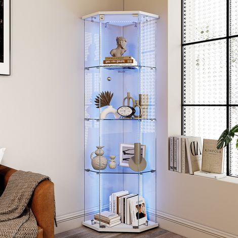 ADWOLT - Vitrine en verre avec LED–Vitrine de collection pentagonale– 1 Portes et 4 étagères–Serrure de Sécurité–60x40x162cm–Blanc