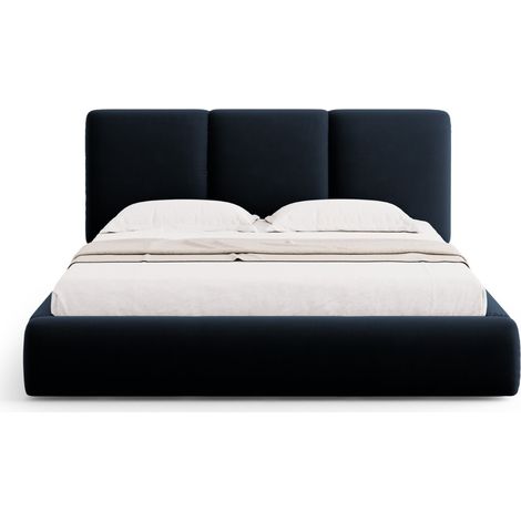 Lit coffre avec tête de lit 140x200cm en velours bleu foncé (1/5)