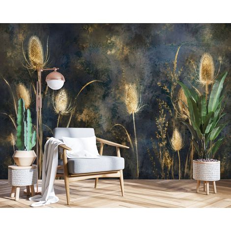 Papier peint panoramique fleurs sauvages et épis de blé rétro pour salon et chambre 312x219  cm (1/5)