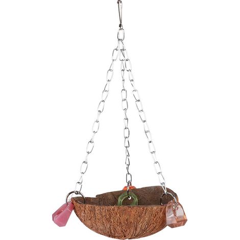 Panier suspendu en coquille de noix de coco avec anneaux acryliques pour perroquet, jouet pour oiseaux de compagnie (1/5)