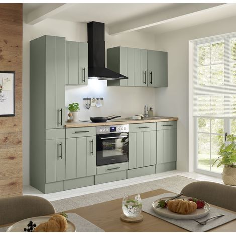 Küche Einbau Küchenzeile Landhaus Grün Anton 250 cm ohne Kühlschrank Respekta