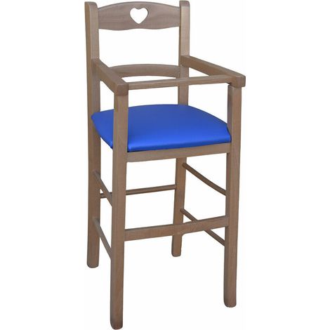 Chaise haute en bois de noyer clair avec assise rembourrée en simili cuir bleu