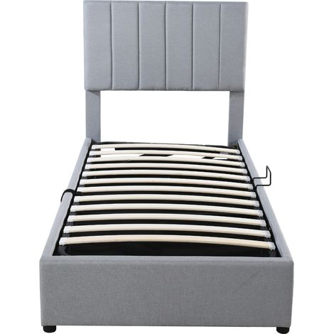 Lit Coffre Enfant Lit Simple avec Coffre et Tête de Lit Réglable 90×200 cm, sans Matelas, Gris (1/4)