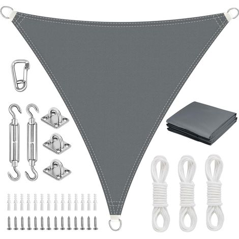 1 Voile D'ombrage Triangulaire 4x4x4m, Kit Fixation, Toile Imperméable Anti UV, Pour Terrasse Jardin