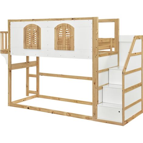 Letto a soppalco per bambini con scala contenitore, 90x200 cm, bianco e naturale (1/5)