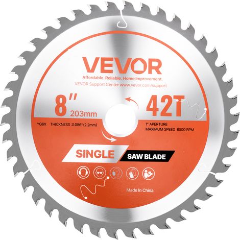 VEVOR Lame de scie circulaire Ø 203 mm, lame de coupe pour scie circulaire, 42 dents alliage, arbre 25,4 mm, finition soignee, avec events de chauffage antibruit, pour couper contreplaque, bois dur