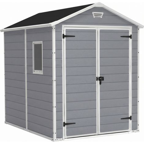 Manor 6x8 - Casetta da Giardino 185,80x227x236,80 cm 2 Ante per deposito attrezzi finitura effetto legno graffiato in Resina Grigio