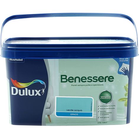 Dulux Benessere Pittura Colorata all'Acqua per Interni Superlavabile Anti Muffa Anti Batteri con Ioni D'Argento, 2.5 Litri, Verde Acqua, 2.5L (1/3)