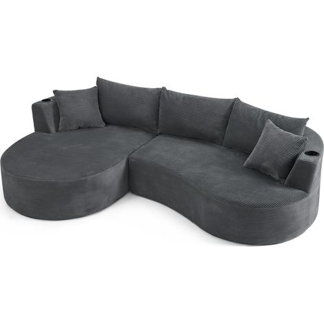 Canapé 3 places avec chaise longue gauche, design arrondi, velours côtelé gris, 2 porte-gobelets et coussins, livré en 2 colis CHICFURN (1/5)