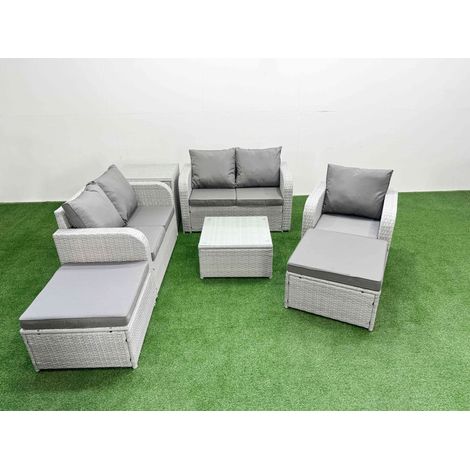 Fimous High Back Poly Rattan Garden Furniture Set with Reclining Chair Loveseat Sofa Square Coffee Table Indoor Outdoor Patio Set 2 Big Stool Side Table Light Grey (1/4)