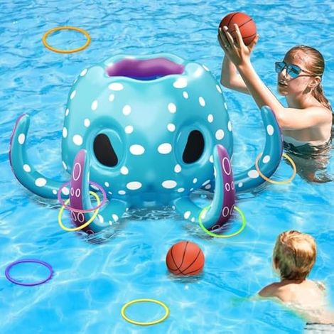 Jouet de piscine pieuvre gonflable 80 cm, 2-en-1 panier de basket et jeu d’anneaux – Jeu aquatique gonflable pour enfants et adultes, été, lac, plage, fête, cadeau (Bleu)