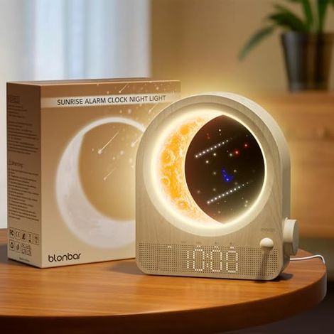 Lampe de Lune avec Réveil Lumineux,lampe de chevet avec 3 niveaux de luminosité, Lampe de réveil avec réveil lumière du jour,10 sons de la nature pour l'ambiance de la chambre à coucher [Classe énergé (1/5)