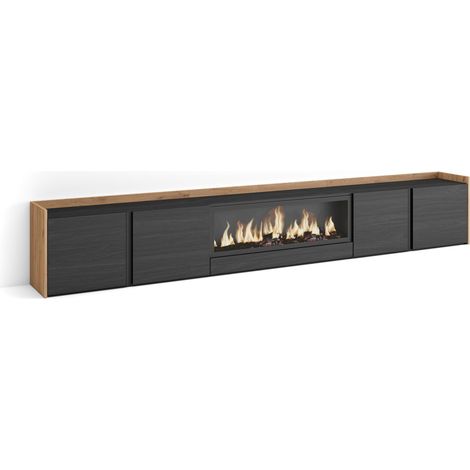 Skraut Home - Mueble TV, Televisión, Muebles de salón, almacenaje, 315x35x50cm, Para TV hasta 80", Chimenea eléctrica XXL, Estilo Moderno, Negro y roble (1/5)