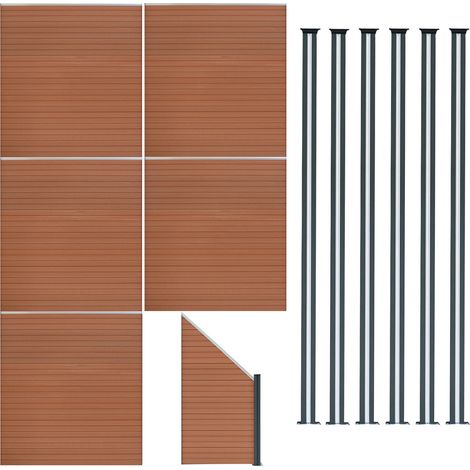 Pannelli Recinzione x5, Elemento Angolare & 7 Pali Metallo 185cm x 965cm LED Solare Recinzione Doppia Faccia Marrone in Legno Composito per Giardino Esterno, Privacy e Design Moderno