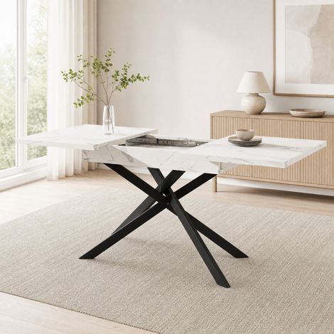 Tavolo da pranzo allungabile 120/160 x 80 cm, bianco effetto marmo con gambe incrociate nere (1/5)