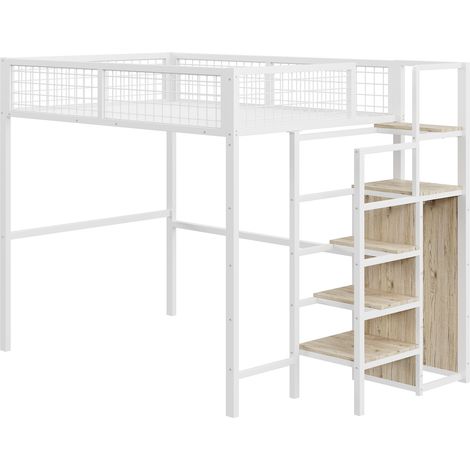 Kinder-Hochbett 140 x 200 cm aus Metall und MDF mit Leiter und weißem Kleiderschrank (1/5)
