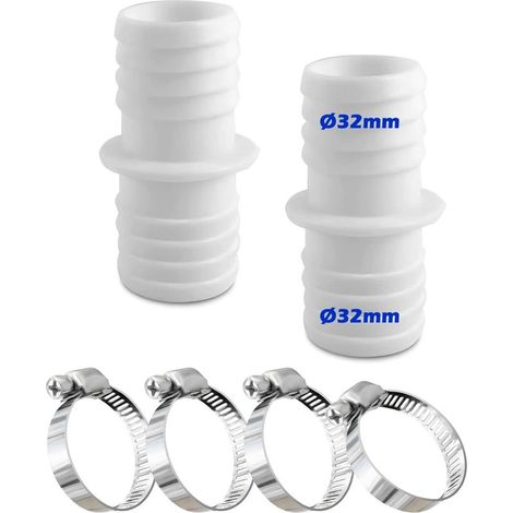 Un ensemble de deux raccords de tuyau de 32 mm avec quatre colliers de serrage en acier inoxydable, blancs, à double adaptateur, adaptés aux piscines. (1/5)