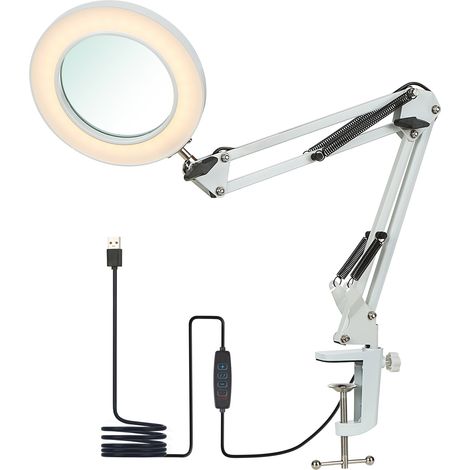Lampe de table flexible à pince avec loupe 8x, bras pivotant, LED à intensité variable, lampe de bureau, 3 modes de couleur et 10 niveaux de luminosité, lampe de lecture, de travail et d'étude (1/5)