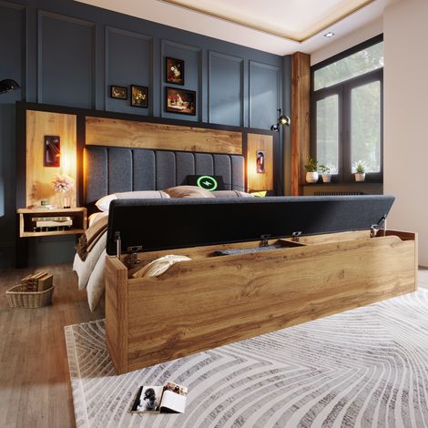 Lit rembourré 180x200 cm avec liseuses et chevets, lit double avec banc coffre, USB-C, sommier à lattes, sans matelas, métal, bois, lin, coloris chêne (1/5)