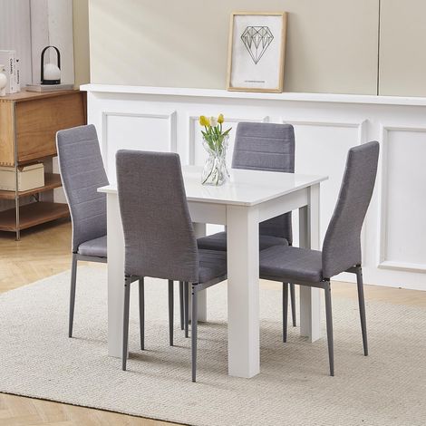 75x75cm Square Dining Table and Chairs Set, Small Dining Room Set High Gloss Dining Table with Chairs Home Furniture (Grey Linen, White Table with 4 Chairs)
