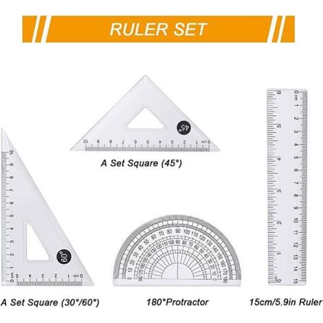 Ensemble de Géométrie,10pcs Kit Géométrie,Règle Protractor Compass Pencil Recharges Plomb Crayon,Gomme pour Dessins (1/4)