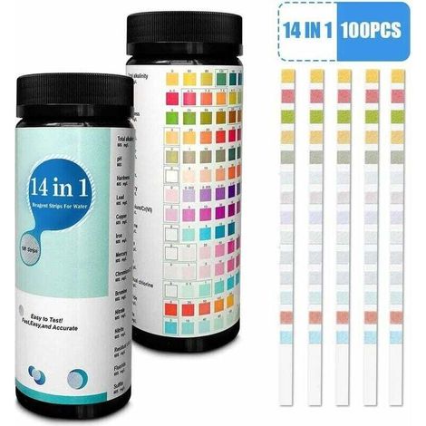 Bandelettes de Test 14 en 1 pour Eau Potable et Eau du Robinet – Dureté, pH, Brome, Nitrate, Chlore, Nitrates, Cuivre, Fer, etc. – 100 Pièces