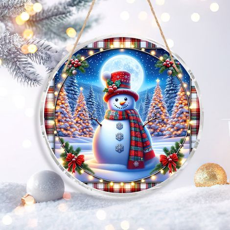 Panneau Porte Noel - Pendule Rond En Pvc Avec Bonhomme De Neige - Decoration Murale Interieure Exterieure - 20 Cm - 1 Piece (1/5)