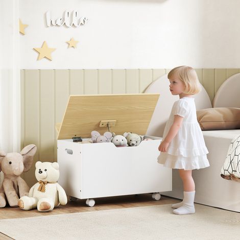 Baúl Juguetes Infantil con Ruedas Tapa Abatible con Bisagra de Seguridad Diseño de Nube Blanco y Natural (1/5)