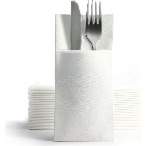 Serviettes Airlaid - 50 Pièces - Blanc - 39x40cm - Fente Couverts - Mariage