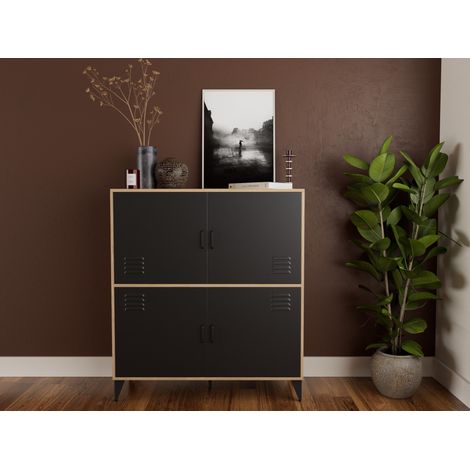 Bestmobilier – Buffet haut effet bois et métal noir 100x112 cm – 4 portes et tiroirs – Structure MDF et pieds métal – Style industriel moderne