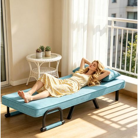 Poltrona letto 3 in 1 blu, schienale 5 posizioni, 190 x 69 cm, lino e metallo (1/5)